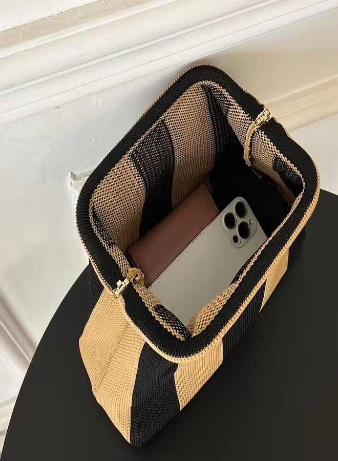 كون حقيبة يد نسائية من Kawn® بتصميم كروشيه مخطط | حقيبة كتف منسوجة يدوياً | حقيبة يد أنيقة بتصميم مميز وقفل كبس، مناسبة للاستخدام اليومي والنزهات - Image 3